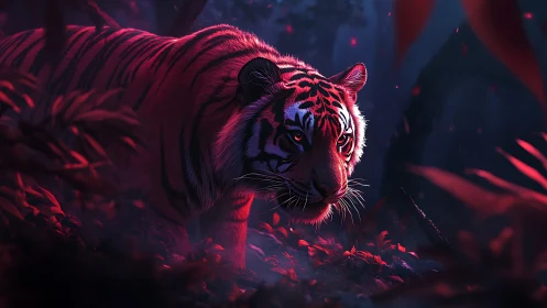 Crimson-lit tiger moves softly through a mysterious night forest