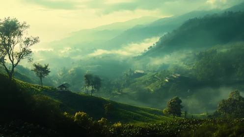 Soft dawn drifting over misty green mountain terraces.