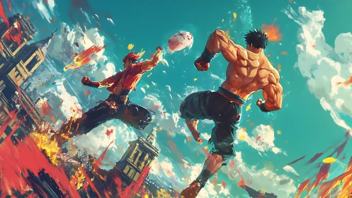 Skyline showdown between fiery martial artists in midair.