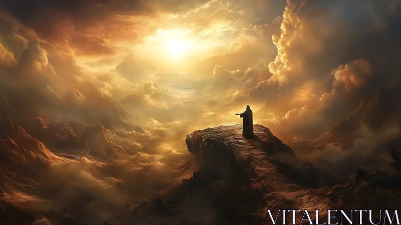 Solitary robed figure commands sunlit storm above cliffs