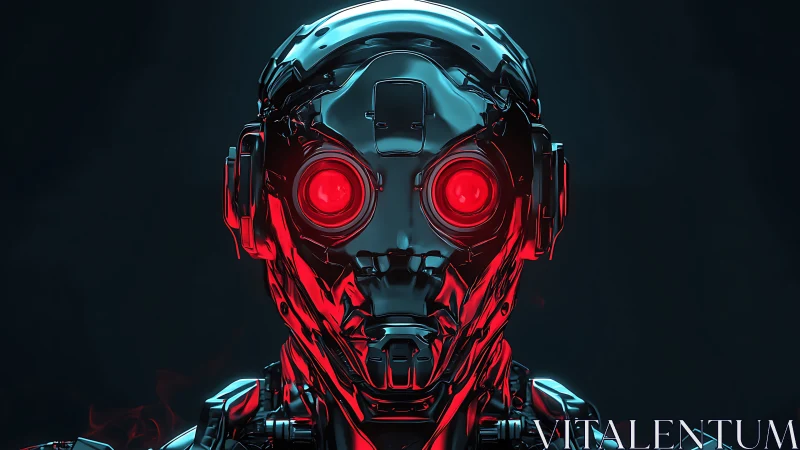 Chromed humanoid android head rendered with glossy red rim lighting