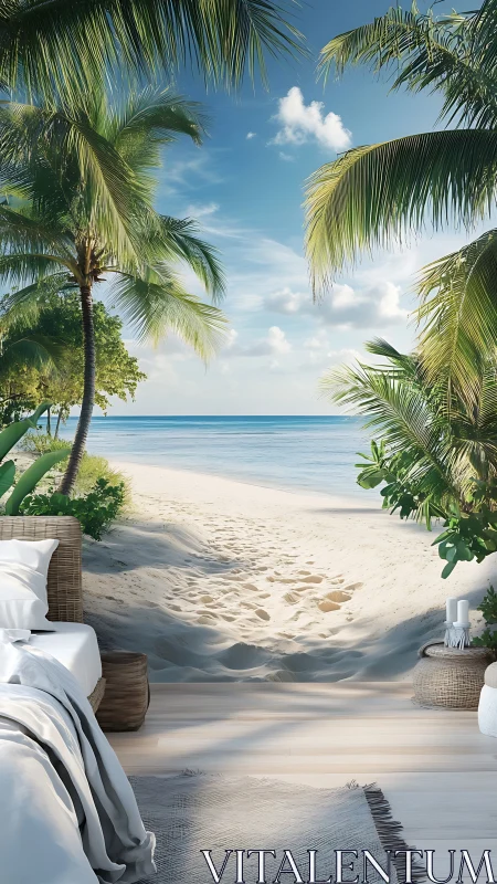 Bedroom doorway dissolves into sunlit palm-framed shoreline.