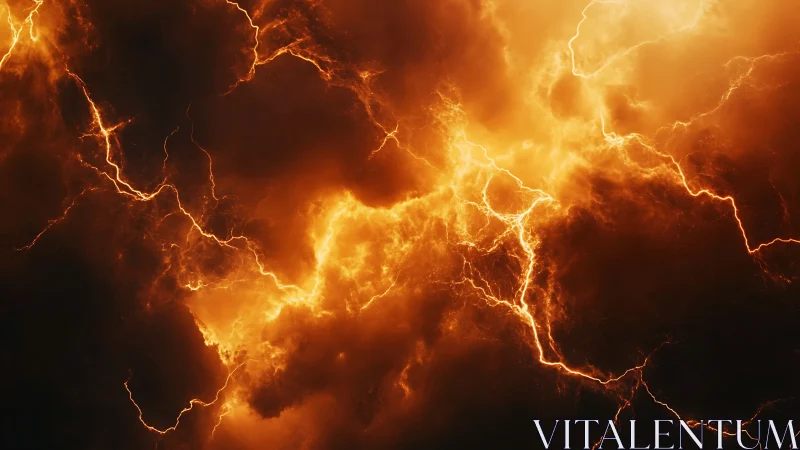 Intense Lightning Storm with Dramatic Orange and Gold Sky.