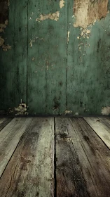 Weathered wooden floor and peeling green wall interior.