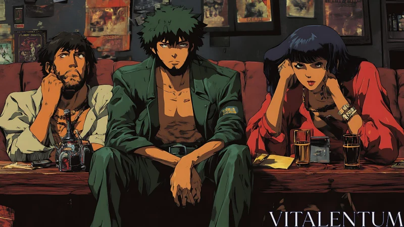 Trio of anime characters sit on worn sofa in dim bar interior