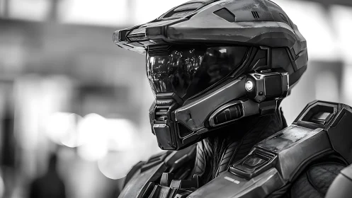 Futuristic armored soldier helmet in monochrome portrait.