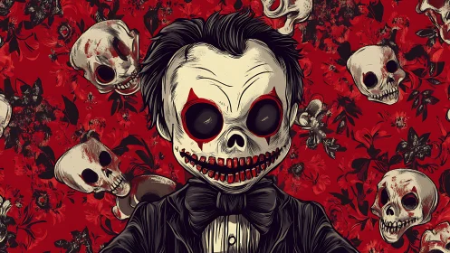 Elegant skull-faced figure grins amid blood-red florals