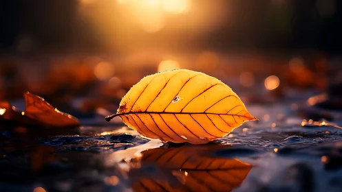 Single wet autumn leaf on reflective surface at sunset.