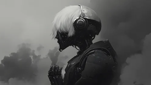 Cyberpunk android profile in monochrome atmospheric portrait.