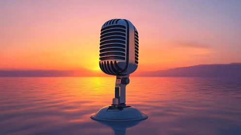 Retro chrome microphone rising over tranquil ocean sunset.