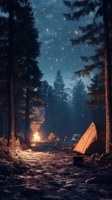 Nocturnal Forest Encampment: Luminescent Starfield with Warm Firelight