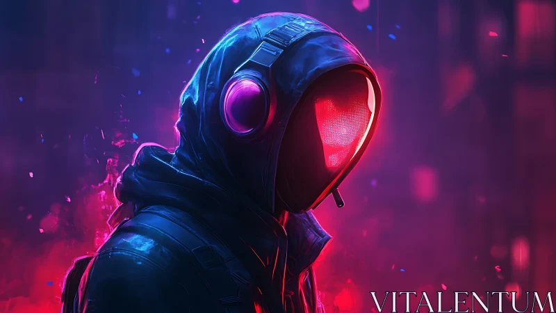 Neon cyberpunk hooded figure with glowing visor mask.