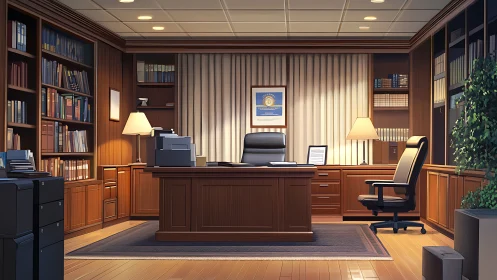 Executive office interior uses balanced lighting and wood paneling