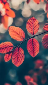 Red autumn leaves hang sharply focused against soft bokeh
