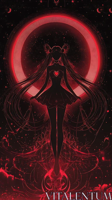 Celestial silhouette radiating crimson lunar halo energy.