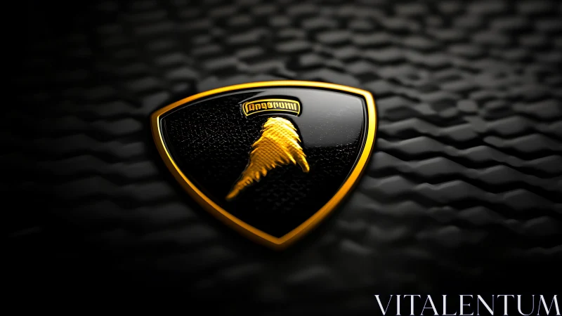 Photorealistic black crest emblem on textured dark surface.
