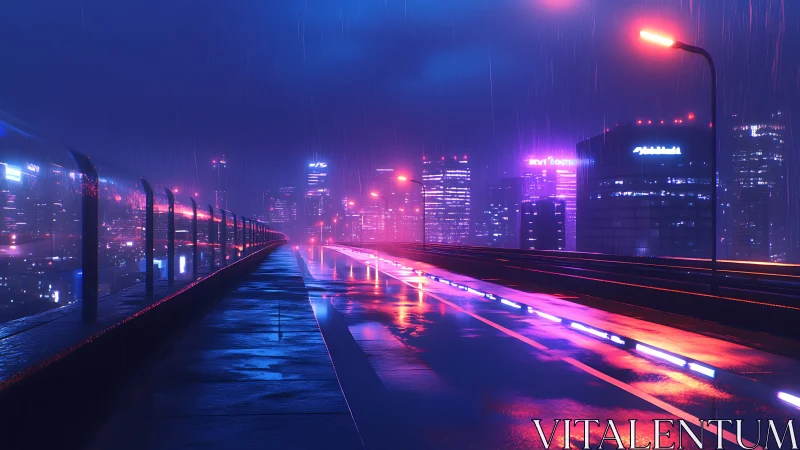 Rain-wet elevated roadway reflects neon city lighting at night