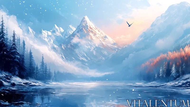 Snowspell peaks over ember pines and glassy winter lake.