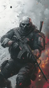 Tactical skull-masked operator in split-flame combat tableau.