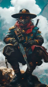 Masked gunslinger kneels on cliff in dramatic fantasy storm.