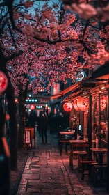 Cherry blossoms glow above lantern-lit night street scene.