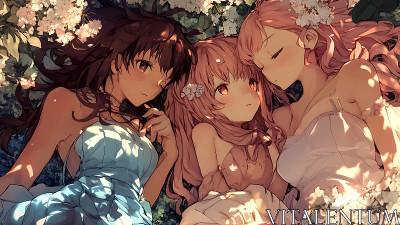 Three anime girls lying among flowers in dappled light.