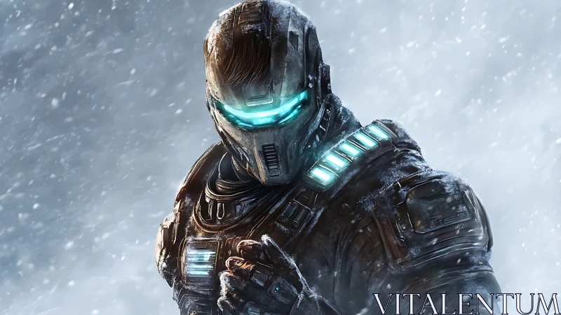 Armored sci fi soldier with cyan visor in dynamic snowstorm