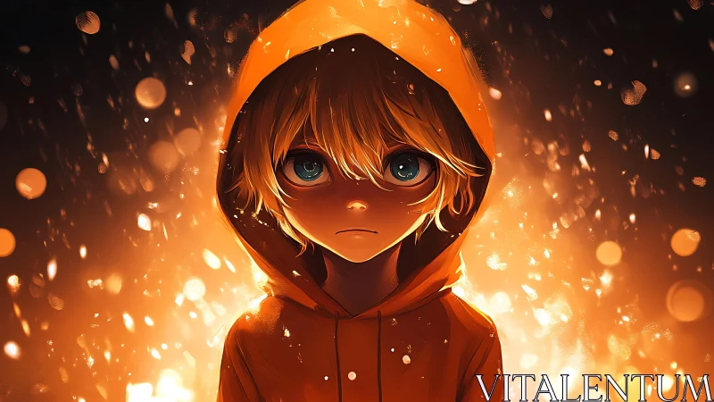 Hooded child in ember-lit portrait balances glow and shadow