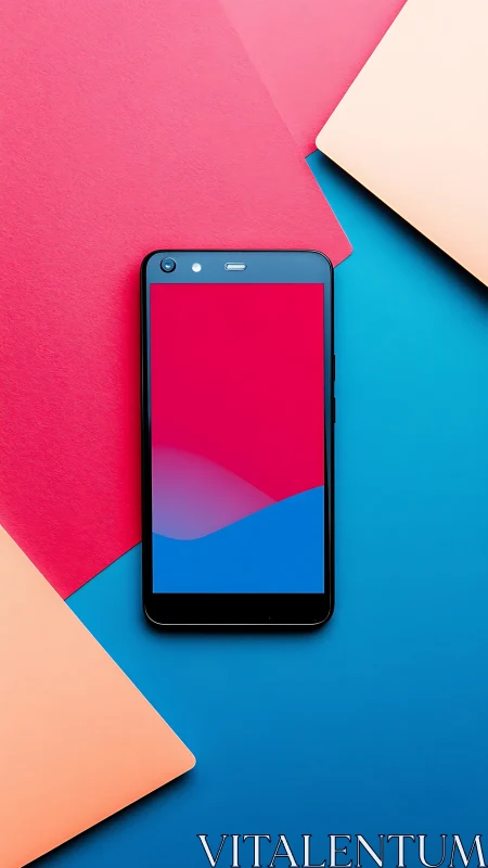Black Smartphone Displaying Gradient Waves on Geometric Background.