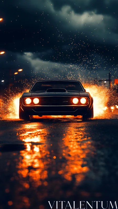 Midnight muscle car ignites rain-soaked asphalt in neon fire
