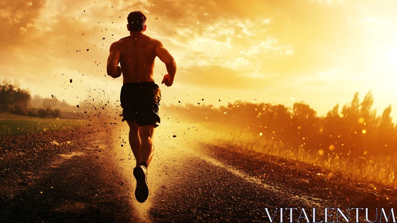 Backlit runner sprints along rural road through golden sunset