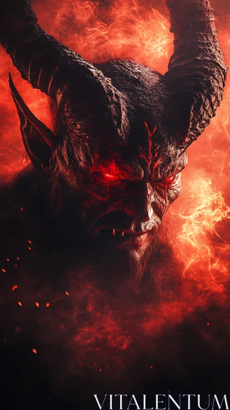 Horned demonic figure with burning red eyes in flames.