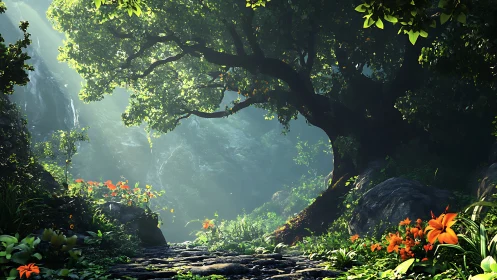 Mystical Forest Glade With Ancient Tree and Golden Sunlight.