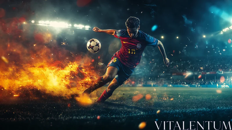 Soccer player striking ball on fiery night stadium pitch.