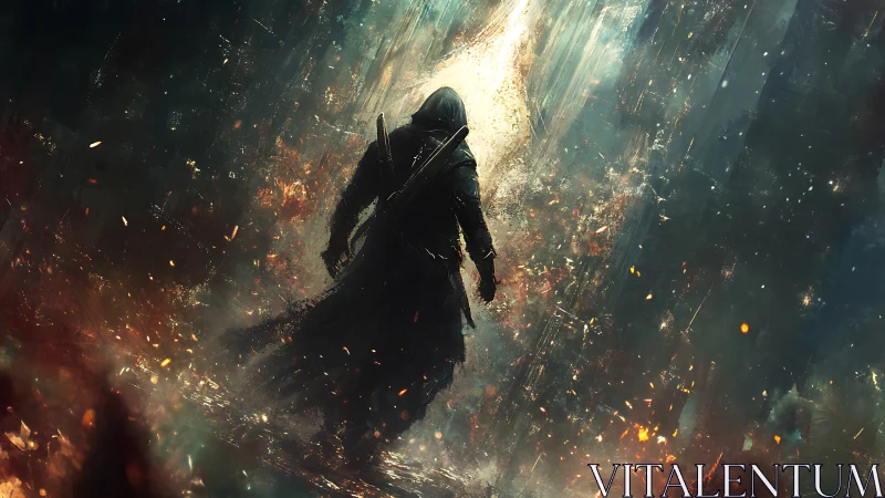 Hooded wanderer stepping through glowing storm of embers.