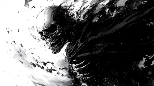 Inkborn reaper erupts from darkness in feral monochrome storm.
