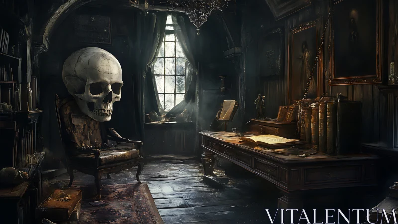 Candlelit study where a giant skull quietly keeps watch.