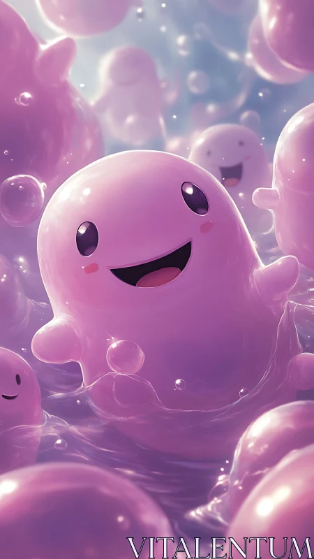 Smiling pink blob creatures in glossy liquid world.