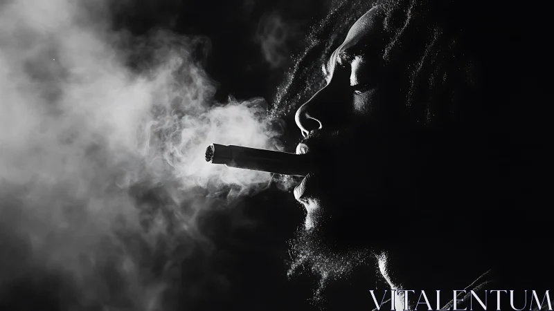 Silhouette smoker exhales dense cigar smoke in monochrome