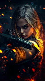 Armed woman in intense firefight with glowing embers.
