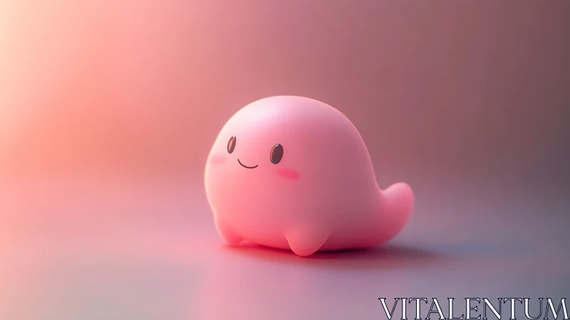 Soft 3D kawaii blob character on pastel gradient ground plane.