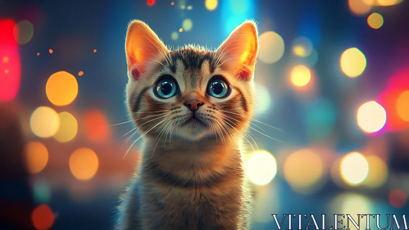 Luminescent Kitten Portrait Amid Bokeh Lights.