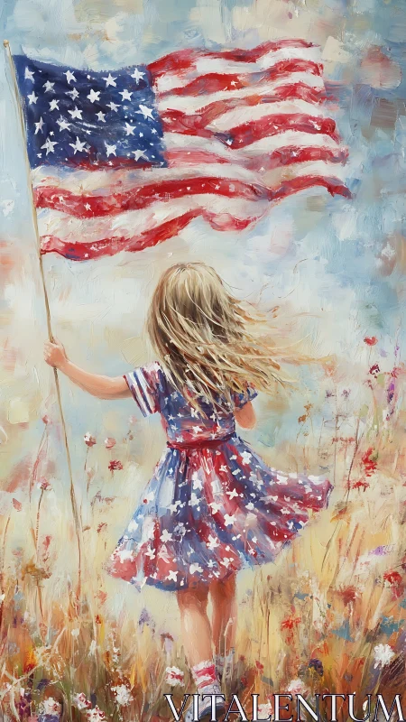 Young girl in starry dress waving American flag proudly.