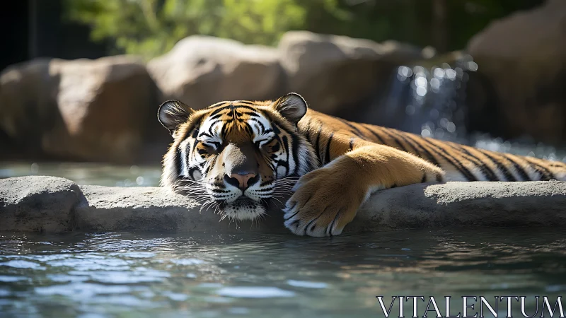 Relaxed tiger soaking in a sunlit pool on a lazy afternoon.