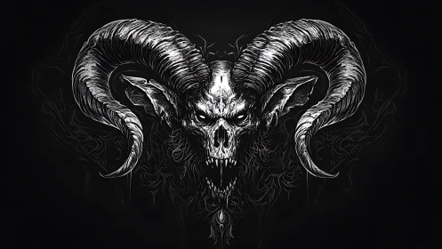 Demonic horned skull illustration with fierce monochrome contrast.