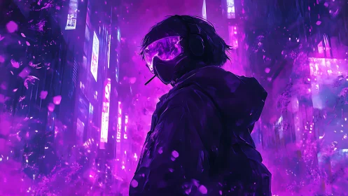 Neon drifter in violet haze stalking the sleepless city.
