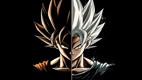 Split anime warrior portrait contrasts dark and light forms.