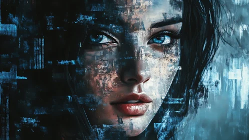Digital portrait merges realistic face with abstract blocks