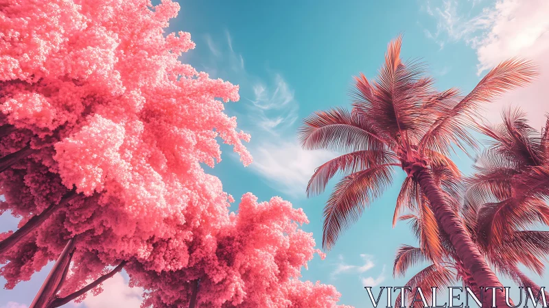 Contrasting pink foliage and palm trees under cyan daylight sky