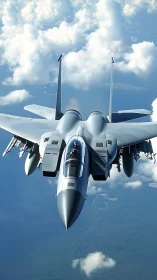 Steel predator jet slices bright corridors through cloud seas.